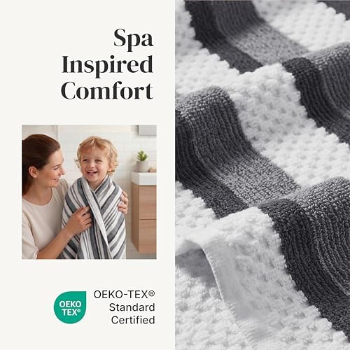 Modern Threads 6 Piece Bath Towel Set – Bathroom Towel Set with 2 Bath Towels, 2 Hand Towels & 2 Washcloths – 100% Cotton, Soft & Absorbent – Wide Stripe (Gray)