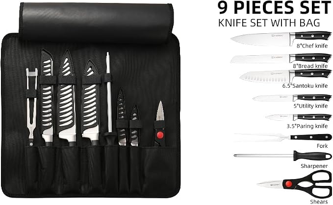 Knife Set Roll Bag, 8 Pieces German High Carbon Stainless Steel Chef Knives with Hollow Handle, Portable Knife Roll Storage Bag, Blade Guards, Kitchen Shears for Outdoor Camping Travel