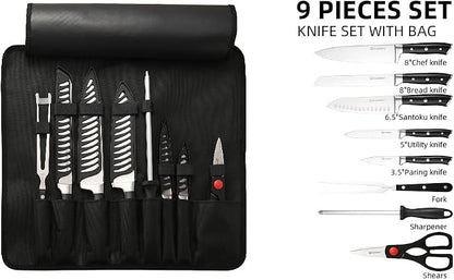 Knife Set Roll Bag, 8 Pieces German High Carbon Stainless Steel Chef Knives with Hollow Handle, Portable Knife Roll Storage Bag, Blade Guards, Kitchen Shears for Outdoor Camping Travel