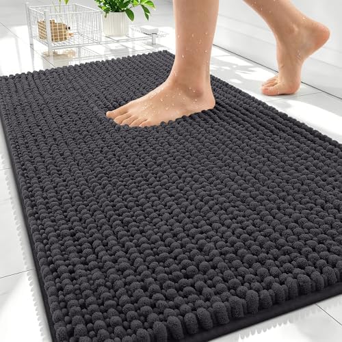 OLANLY Thick Chenille Absorbent Bathroom Rugs Mat 34x21, Dark Grey