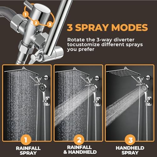Shower Head,10”Rain Shower Head with Handheld Spray Combo with 11'' Angle Adjustable Extension Arm/Flow Regulator/Shower System,High Pressure Rainfall Shower Head Clean Bathroom,Matt Black