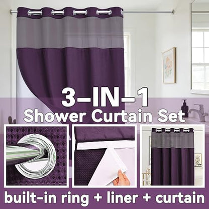 Conbo Mio No Hook Waffle Weave Shower Curtain with Snap in Liner Set, Hotel Luxury Purple Shower Curtains for Bathroom with See Through Top Window, Waterproof, Washable 71W x 74H
