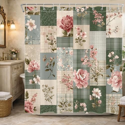 Boho Floral Shower Curtain Vintage Patchwork Rose Flower and Leaf Plant Design Polyester Fabric Farmhouse Cottage Decor Bathroom Curtains, 72W X 78L inches