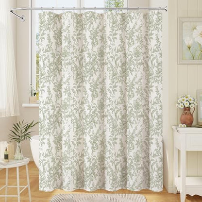 Sage Boho Linen Fabric Shower Curtain , Farmhouse Floral For Bathroom