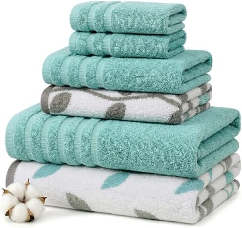 Modern Threads 6 Piece Bath Towel Set – Bathroom Set with 2 Bath Towels, 2 Hand Towels, and 2 Wash Cloths – 100% Cotton, Super Absorbent & Extra Soft – Reversible Natural Vine (Aqua)