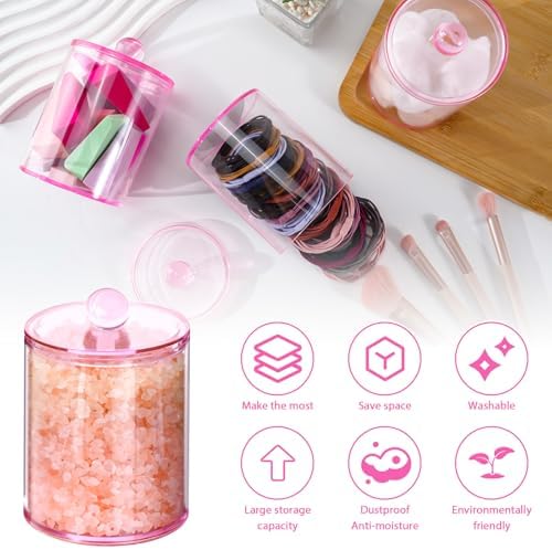 2 Pcs Acrylic Qtip Holder, Cotton Ball Holder Jars with Lids, Pink