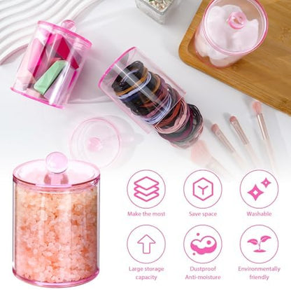 2 Pcs Acrylic Qtip Holder, Cotton Ball Holder Jars with Lids, Pink