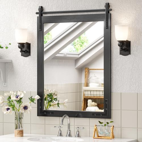 Farmhouse Mirror for Bathroom, 24"x32" Black Farmhouse Mirror with Rustic Wood Framed, Barn Door Vanity Mirrors for Wall, Vintage Decorative Mirrors for Entryway,Living Room,Bedroom
