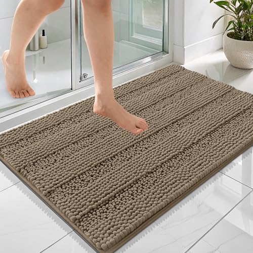 OLANLY Thick Bathroom Rugs 36x24, Soft Chenille Striped Bath Rugs, Tan