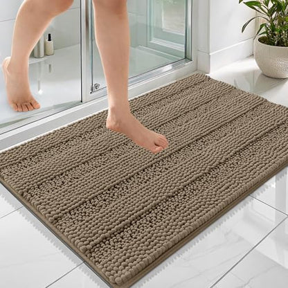 OLANLY Thick Bathroom Rugs 36x24, Soft Chenille Striped Bath Rugs, Tan