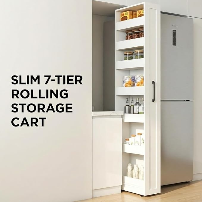 Slim Rolling Storage Cart, 7-Tier Pull-Out Spice Rack with Handle & Wheels, Narrow Kitchen Organizer for Next to Fridge, Pantry, Laundry Room, 7.87 Inch Wide Space Saver (White, Hidden Wheels)
