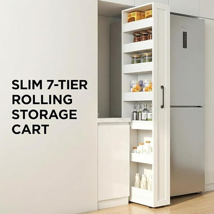 Slim Rolling Storage Cart, 7-Tier Pull-Out Spice Rack with Handle & Wheels, Narrow Kitchen Organizer for Next to Fridge, Pantry, Laundry Room, 7.87 Inch Wide Space Saver (White, Hidden Wheels)