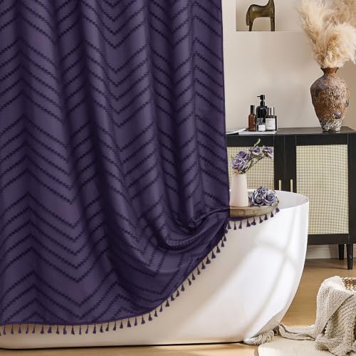 Siiluminisoy Boho Dark Purple Shower Curtain, 72 x 72 Woven Fabric Tufted Chevron Textured Striped Modern Farmhouse Minimalist for Bathroom