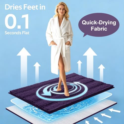 ACCUMTEK Striped Eggplant Purple Bathroom Rug Mat Set 2 piece 24"x17"+48"x20" Ultra Soft, Non Slip Chenille Bath Rugs, Absorbent Plush Shaggy Bath Mats for Bathroom, Bedroom, Kitchen, Shower, Tub