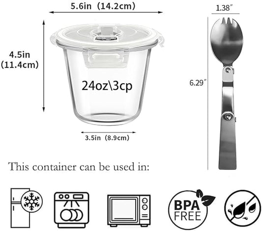 H.JSS WDJS 3 Cup Round Glass Meal Prep Containers with Lids,24oz Glass Food Storage Containers with Spoons, Heat-Resistant BPA-Free for Soup, Leftover, Oven, Dishwasher, Fridge, Freezer Safe (2 Pack)