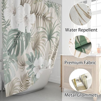 Tropical Shower Curtain for Bathroom, Green Palm Tree Flower Plant Boho Leaf Banana Monstera Sage Beige Shower Curtains Set, Fabric Bathroom Accessories with Hooks