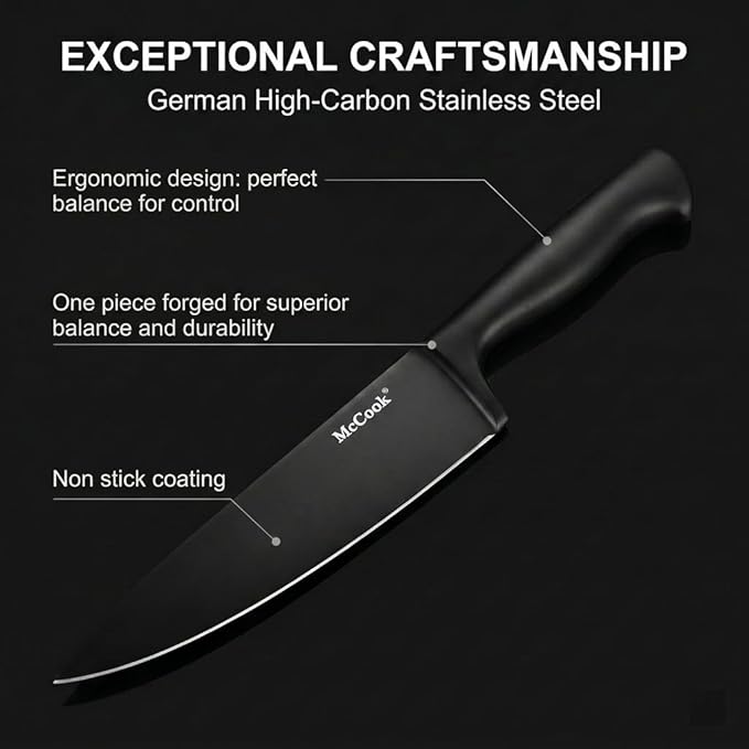 McCook® Premium Black Knife Sets,German Stainless Steel Kitchen Knives Block Set with Built-in Sharpener, 20-Piece Razor-Sharp Kitchen Knives with Ergonomic Handles, Elegant Box for Gift, Black