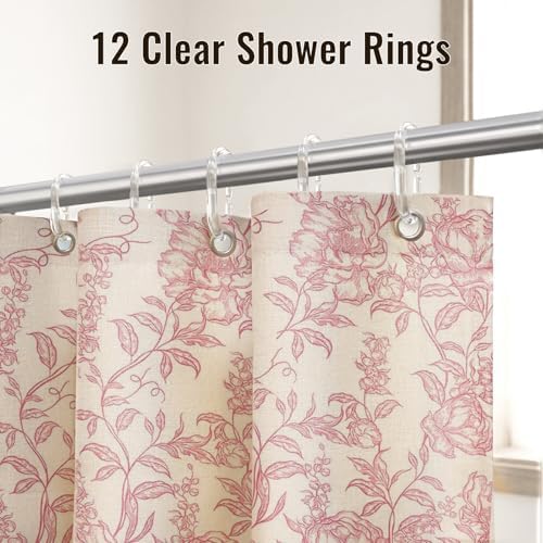 Farmhouse Pink Floral Shower Curtain with 12 Clear Rings 72"W x 72"L