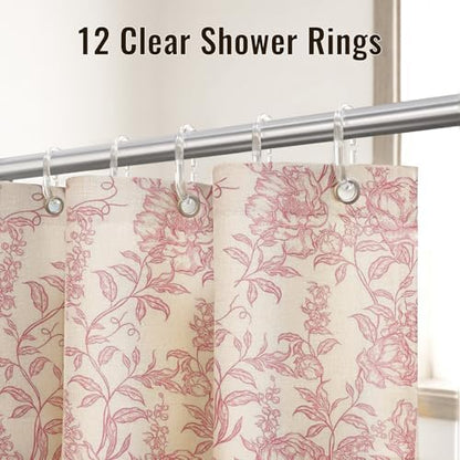 Farmhouse Pink Floral Shower Curtain with 12 Clear Rings 72"W x 72"L