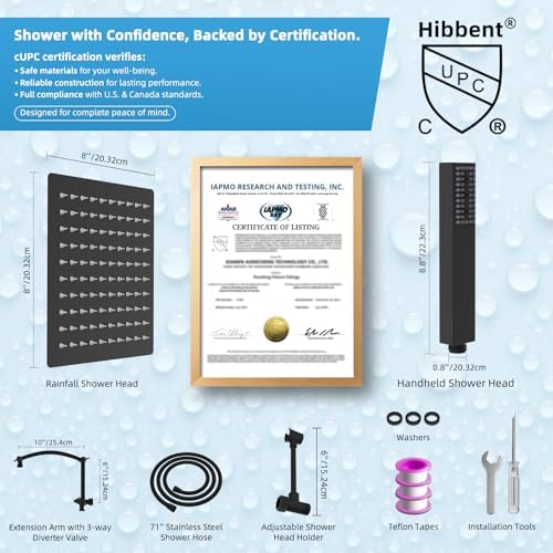 Hibbent All Metal CUPC Certified 8'' Rainfall Shower Head, Dual Shower Head Combo, High Pressure Handheld 4 Sprays Shower Wand, 16'' Adjustable Extension Arm, 71'' Hose, Shower Holder, Matte Black