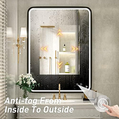 36x28 Inch LED Black Frame Bathroom Mirror,3 Color