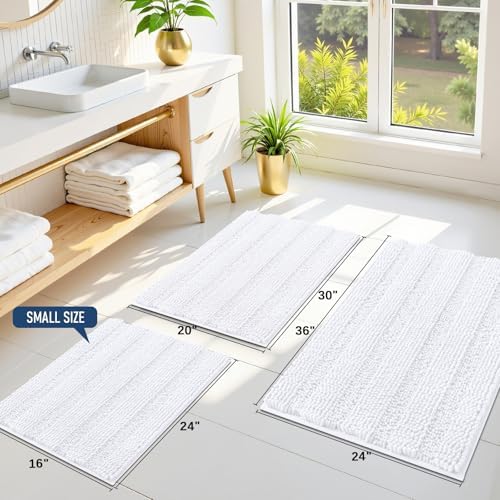 Grandaily Chenille Striped Bathroom Rugs 47x17, Extra Thick and Soft Absorbent Bath Mats, Rubber Backing, Plush Shaggy Shower Carpet, Machine Wash Dry, Bath Rug for Bathroom, Solid White