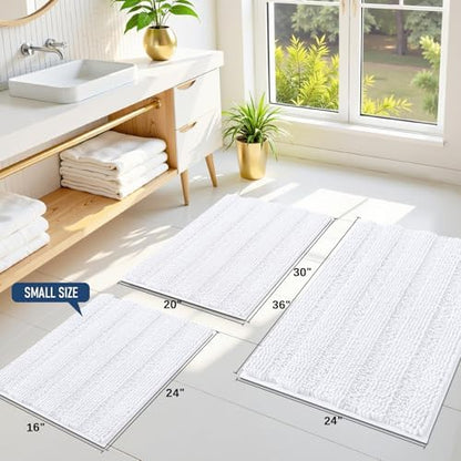 Grandaily Chenille Striped Bathroom Rugs 47x17, Extra Thick and Soft Absorbent Bath Mats, Rubber Backing, Plush Shaggy Shower Carpet, Machine Wash Dry, Bath Rug for Bathroom, Solid White