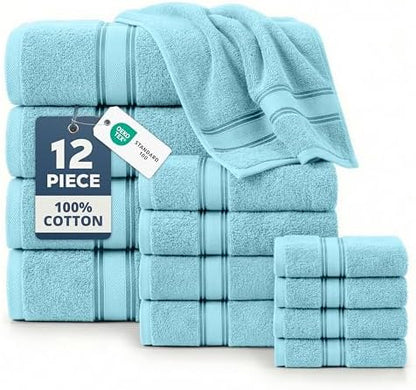 LANE LINEN Bathroom Towel Set 12 Piece Soft Absorbent Quick Dry - Blue