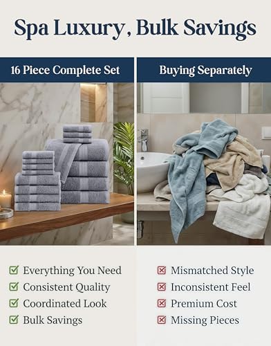 LANE LINEN Towel Set for Bathroom 16 Piece Soft Absorbent - Cool Grey