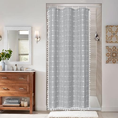 Boho Farmhouse Classic Plaid Linen Tassel Shower Curtain Taupe,36x72