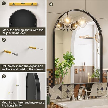 Brightify Arched Mirror, 26 x 38 Inch Black Arch Wall Mirror, Metal Frame Black Bathroom Mirror, Arched Top Bathroom Vanity Mirror for Living Room Bedroom Mantel Entryway