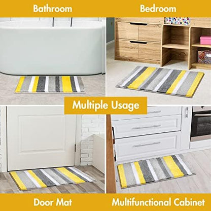 MIULEE Yellow Grey Bathroom Rug 20x30 Inch, Soft Thick Microfiber Striped Bath Mat, Non Slip Fluffy Plush Machine Washable Quick Dry for Bathroom Decor, Floor Tub and Shower