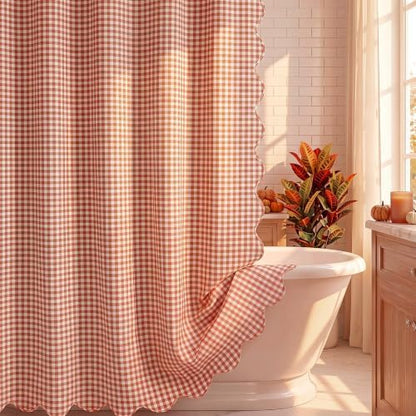 HunnmingRe Scalloped Gingham Shower Curtain Orange