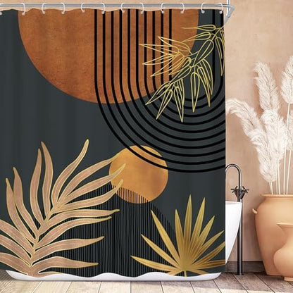Mid Century Brown Black Boho Abstract Modern Bathroom Shower Curtain Set