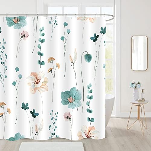 Gibelle Teal Beige Watercolor Floral Fabric Shower Curtain, 72x78