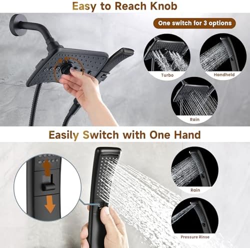 BRIGHT SHOWERS High Pressure Dual Shower Head Combo with Rainfall & Handheld, 4 Spray Settings, Tool-Free Installation, 60" Stainless Steel Hose, Matte Black