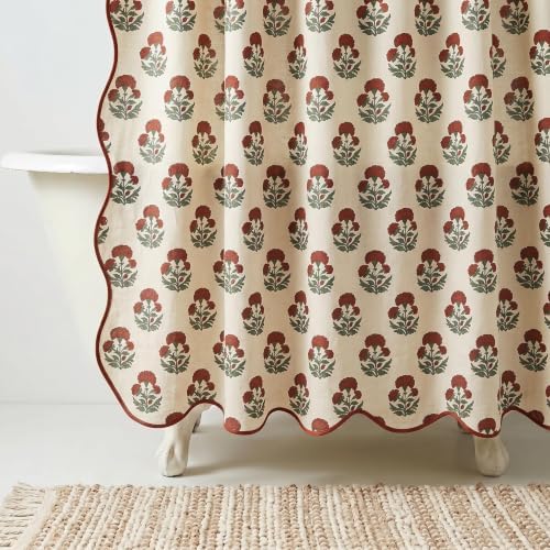 Boomkin Block Print Scalloped Shower Curtain Set with 12 Hooks