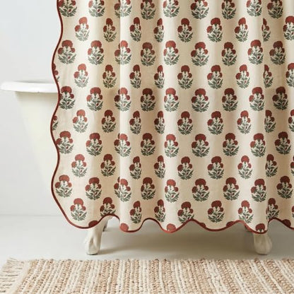 Boomkin Block Print Scalloped Shower Curtain Set with 12 Hooks