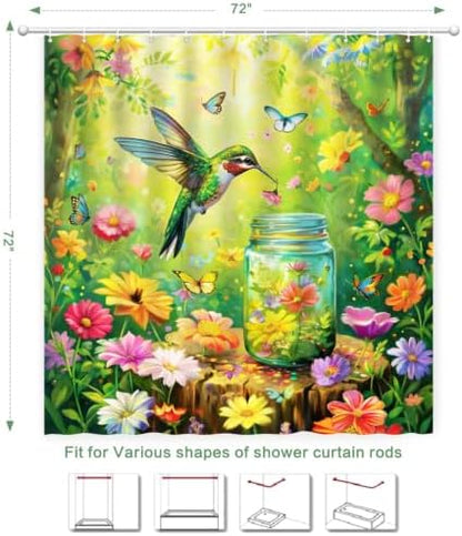 Floral Hummingbird Shower Curtain for Bathroom with Hooks Green 72x72