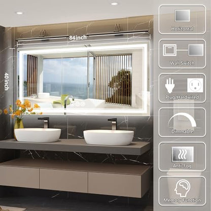 Ratsamee 84"x40" LED Bathroom Mirror with Lights, Backlit + Front Lit