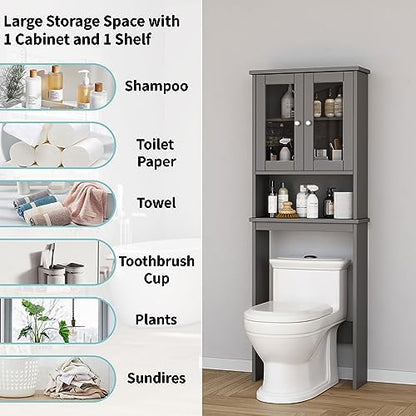 Shintenchi Over the Toilet Storage Cabinet, Bathroom Shelf Organizer with Anti-Tip Device Small Freestanding Space Saver with Adjustable Shelf and Glass Door, Gray