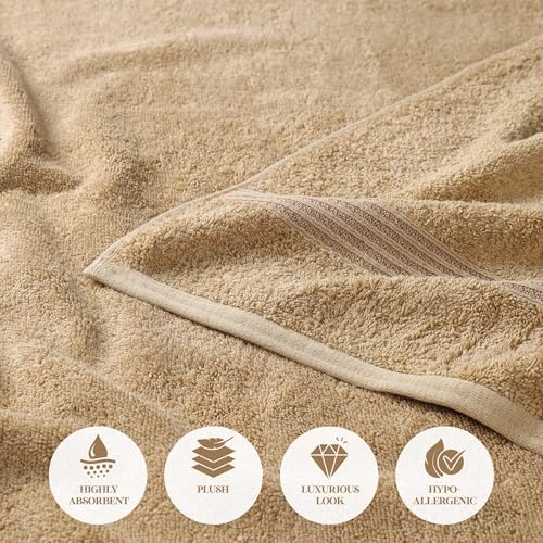 Superior Egyptian Cotton Bath Towel Set, Home Bathroom Towels, Master, Guest Bath, Decor Essentials, Quick Dry, Absorbent, Large Body Towels, Spa, Hotel, Resort, Adult, Kids, Set of 2, Toast