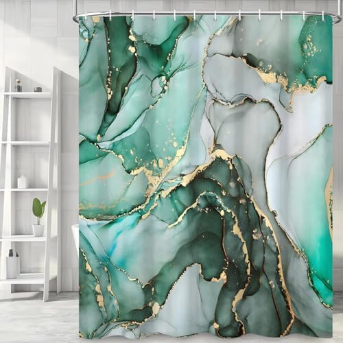 Green Marble Shower Curtain, Modern Abstract Luxury Green Gold Ink Texture Watercolor Art Bathroom Curtains Ombre Machine Washable Waterproof Fabric Bathtub Curtain Set with Hooks 72" Wx84 L