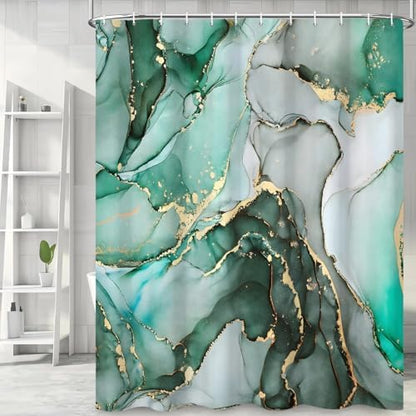 Green Marble Shower Curtain, Modern Abstract Luxury Green Gold Ink Texture Watercolor Art Bathroom Curtains Ombre Machine Washable Waterproof Fabric Bathtub Curtain Set with Hooks 72" Wx84 L