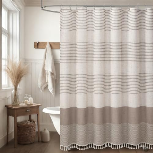 Taupe Farmhouse Linen Striped Shower Curtain with Tassel 72"W X 72"L