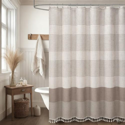 Taupe Farmhouse Linen Striped Shower Curtain with Tassel 72"W X 72"L