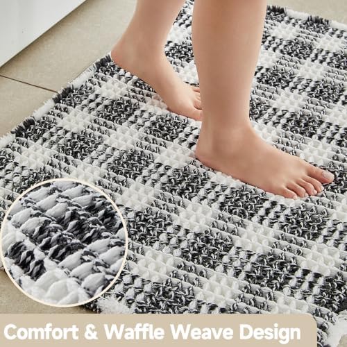 TYUU Waffle Runner Rug Bathroom, Long Boho Bath Mat, 60x24 Black & White