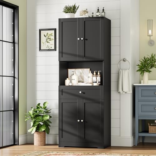 HIFIT Tall Bathroom Storage Cabinet with Drawer, Modern Linen Cabinet,Black