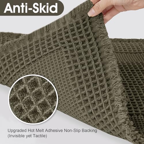 Upgraded Waffle Bath Mat Set 3 Piece Greyish Green-Looped, Super Absorbent Non-Slip Quick Dry Bathroom Rugs with Tassels, Machine Washable Ultra Soft Boho Bath Rugs, Toilet Mats Boho Farmhouse Decor