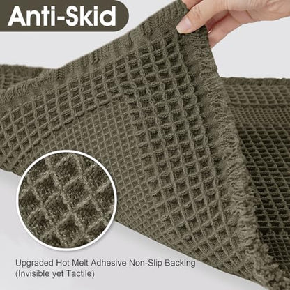 Upgraded Waffle Bath Mat Set 3 Piece Greyish Green-Looped, Super Absorbent Non-Slip Quick Dry Bathroom Rugs with Tassels, Machine Washable Ultra Soft Boho Bath Rugs, Toilet Mats Boho Farmhouse Decor